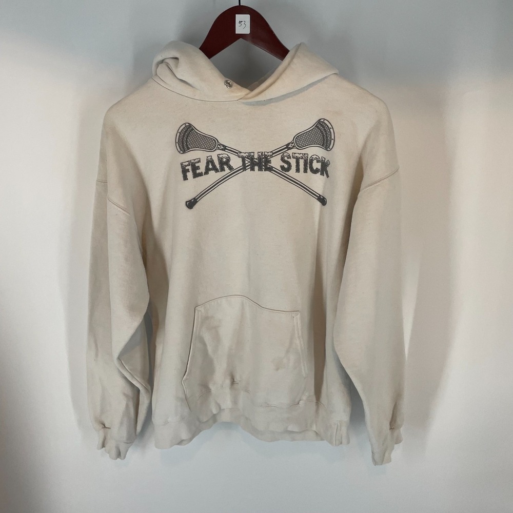 Hanes Printpro Lacrosse Fear The Stick Graphic Pullover Hoodie Ivory Mens Size M